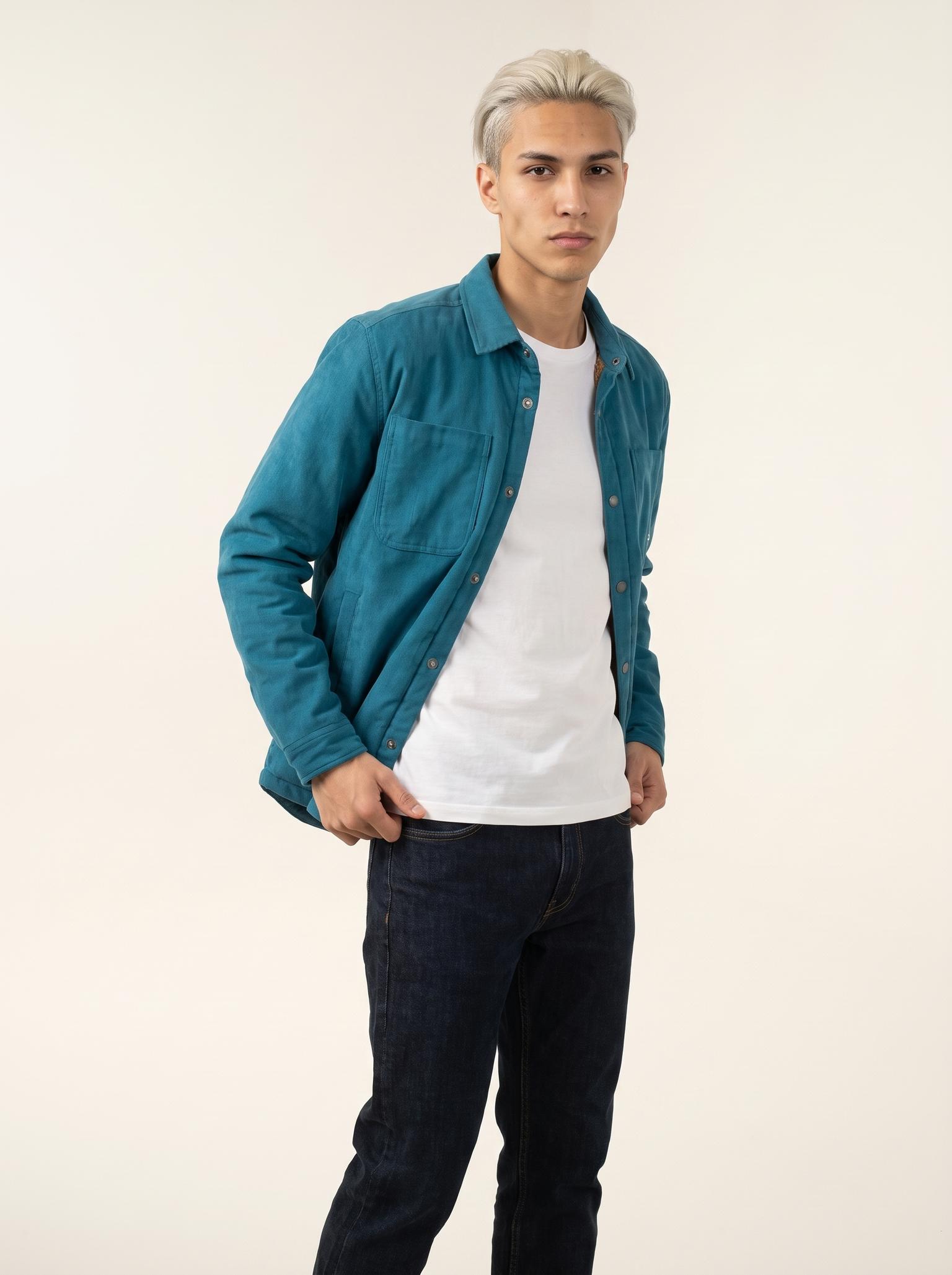 AI-generated product photo: Passenger: Blue sherpa-lined cord overshirt