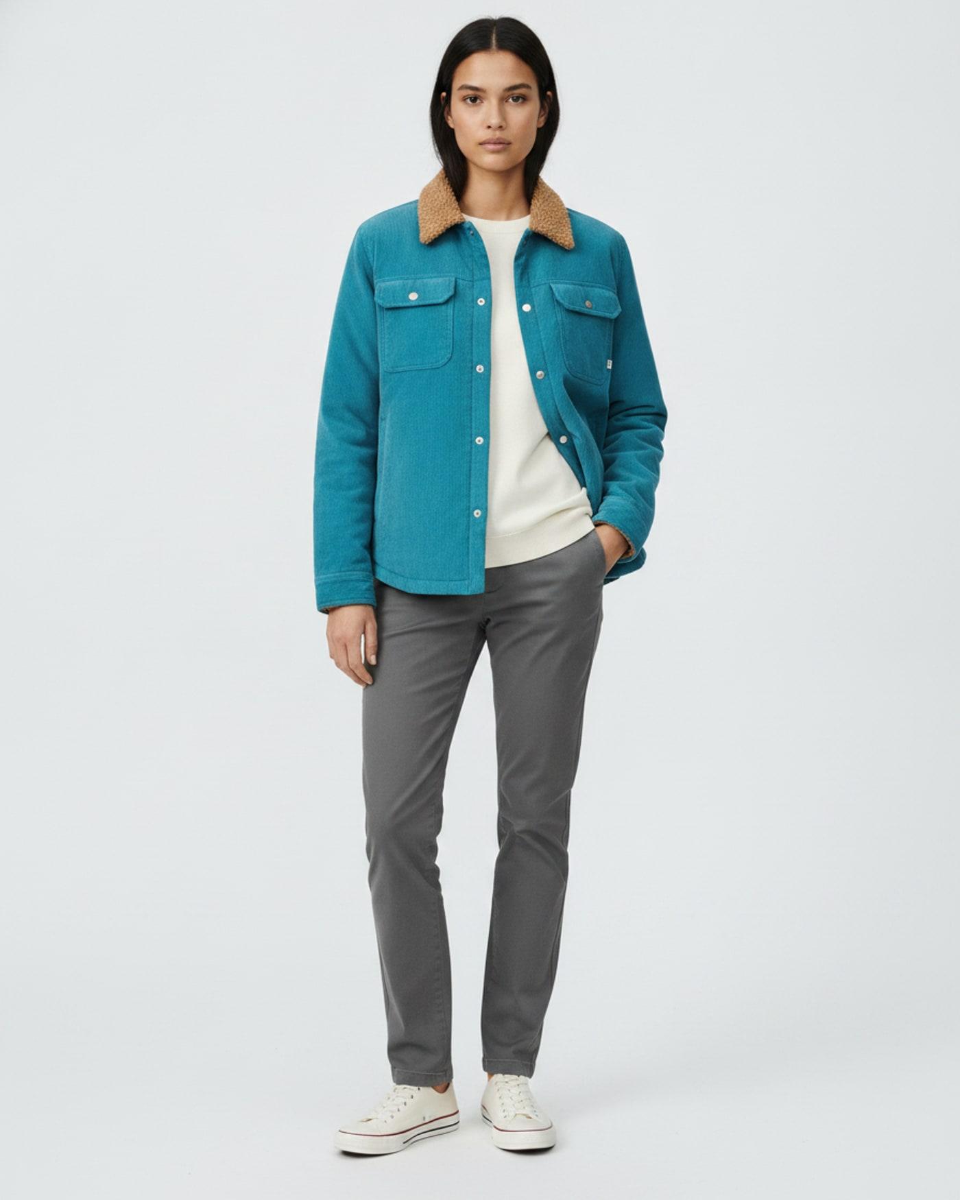 AI-generated product photo: Passenger: Blue sherpa-lined cord overshirt
