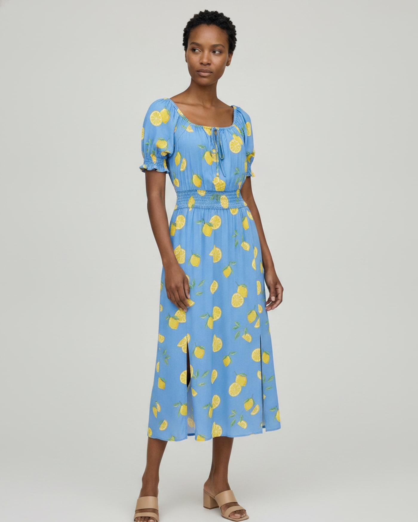 AI-generated product photo: Sugarhill Brighton: Blue lemon print midi dress