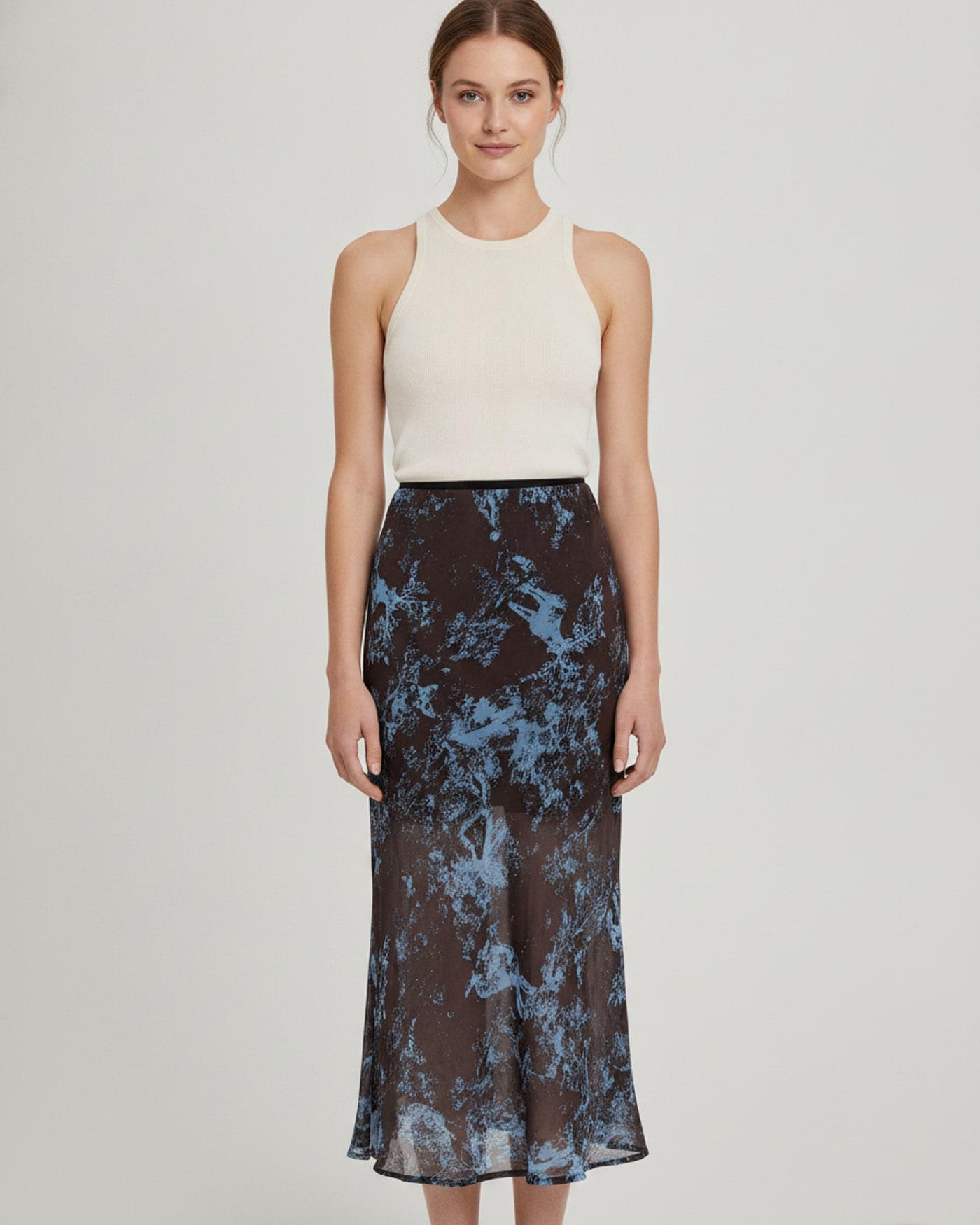 AI-generated product photo: RIHOAS: Coffee floral mesh midi skirt