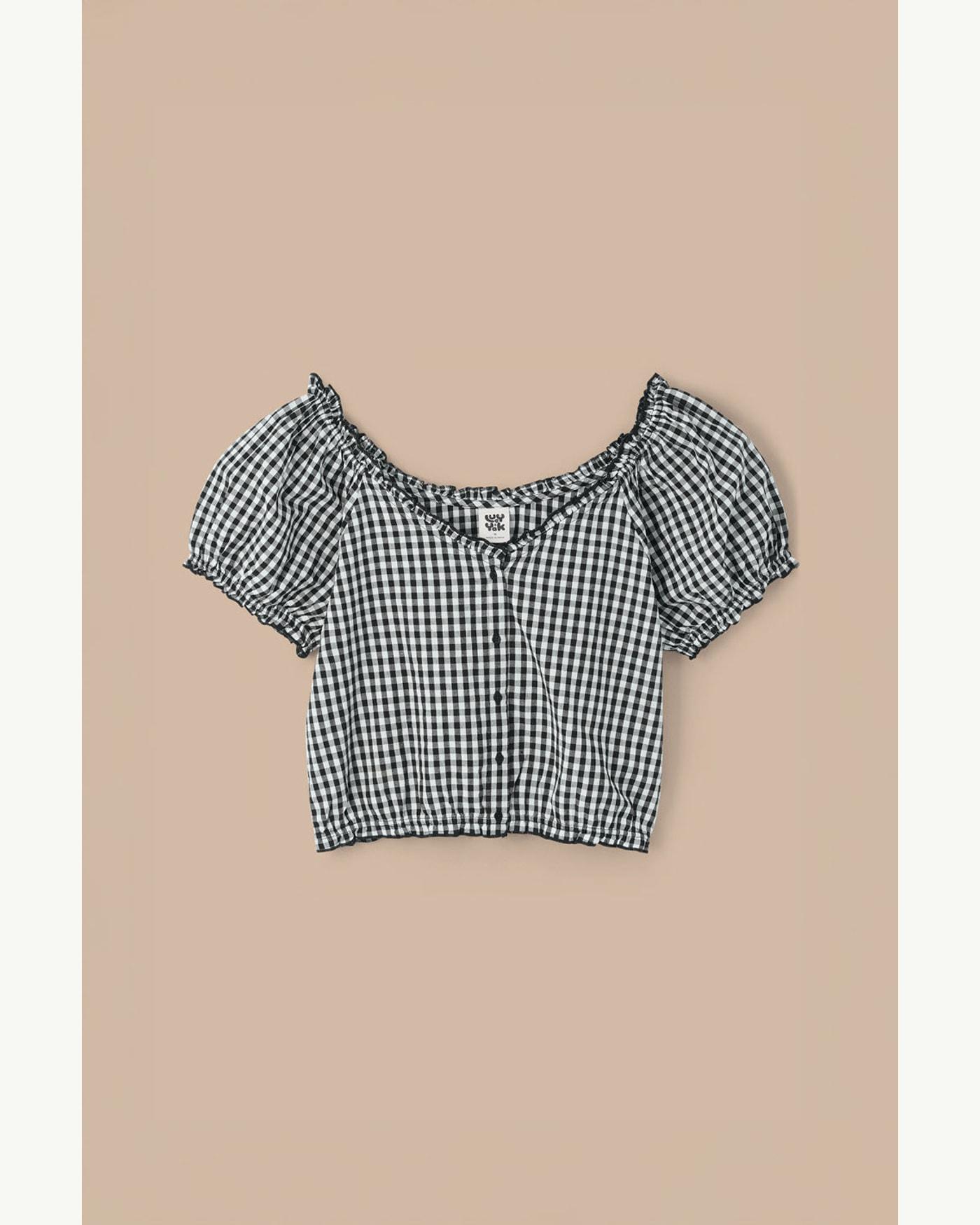 Catalog product source: Lucy & Yak: Black and white gingham puff-sleeve blouse