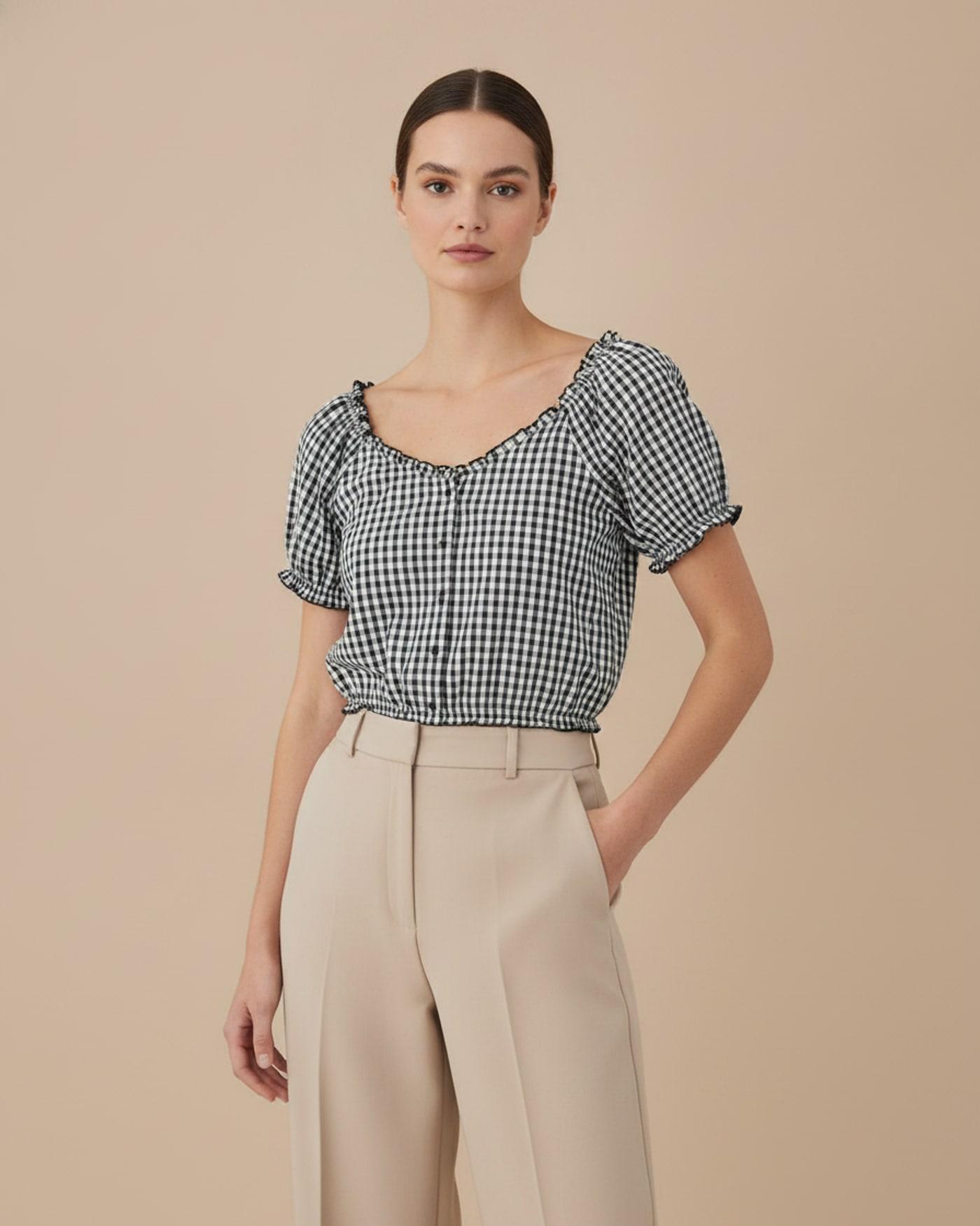 AI-generated product photo: Lucy & Yak: Black and white gingham puff-sleeve blouse