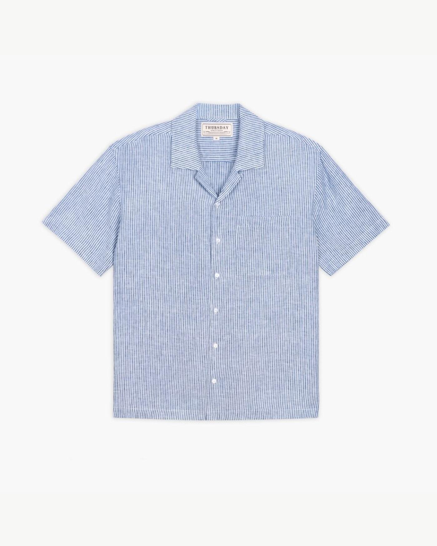 Catalog product source: Thursday Boots: White and indigo striped linen camp shirt