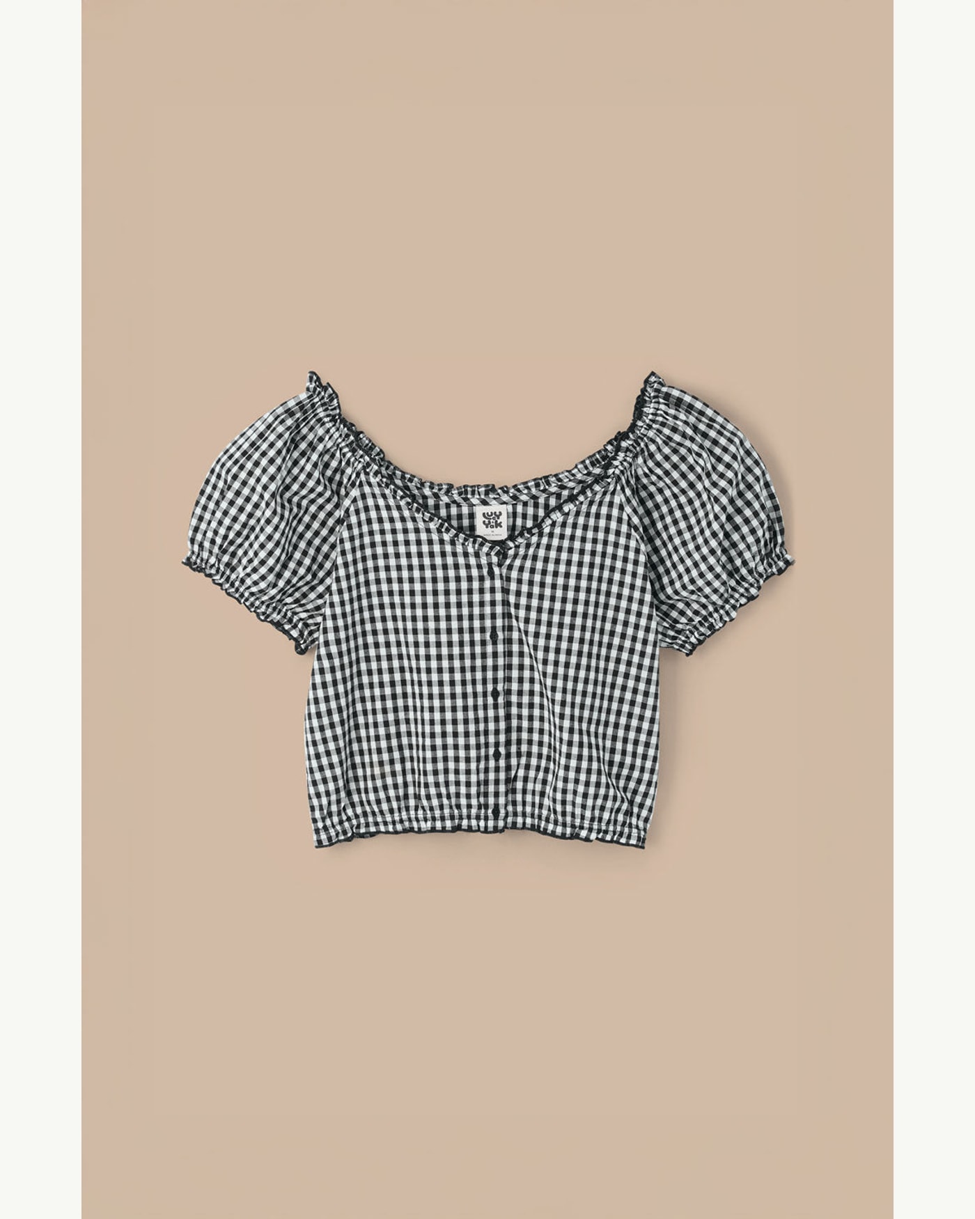 Catalog product source: Lucy & Yak: Black and white gingham puff-sleeve blouse