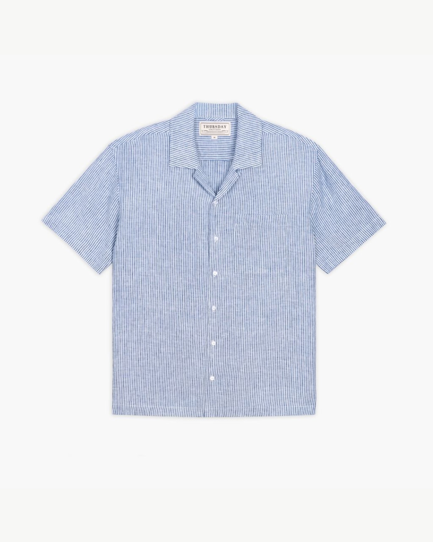 Catalog product source: Thursday Boots: White and indigo striped linen camp shirt